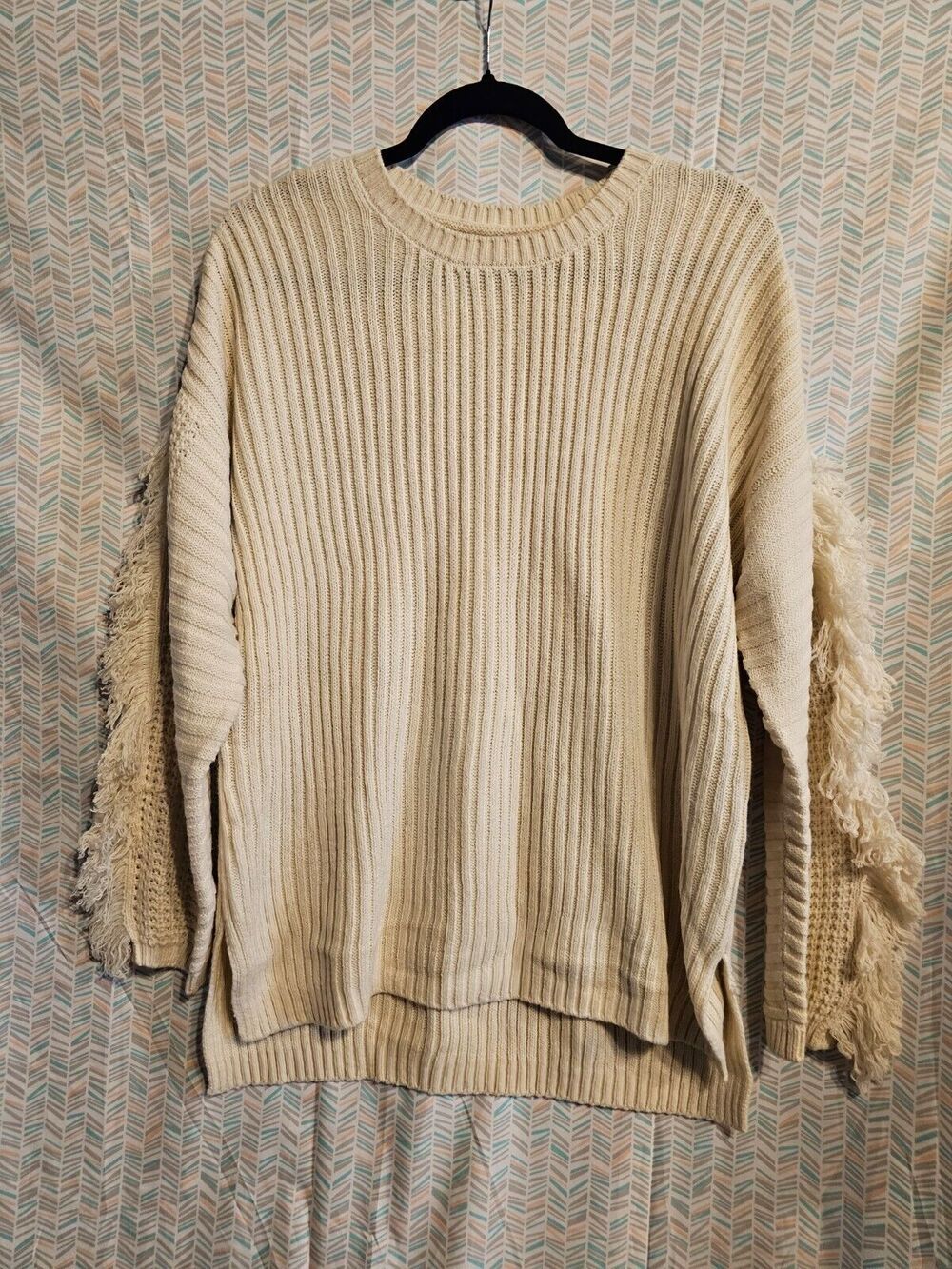 NWOT Kate and Sam Women Ivory Pullover Sweater XL Ribbed Fringe